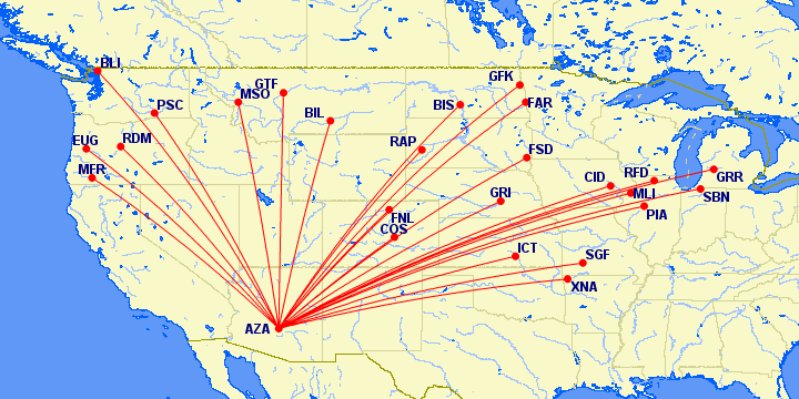 Allegiant Air routes from Phoenix-Mesa Gateway Airport