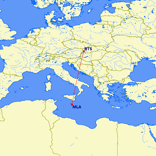 Trasa letu medzi Bratislavy a Maltu