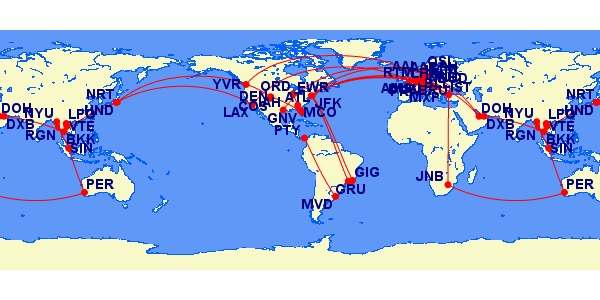 a map of the world with red lines and points