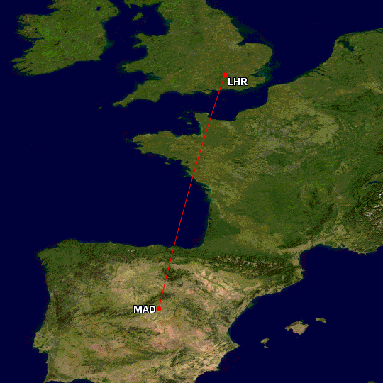 London Heathrow to Madrid Map - Image, Great Circle Mapper