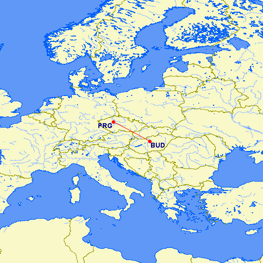 Trasa letu medzi Prahy a Budapešte