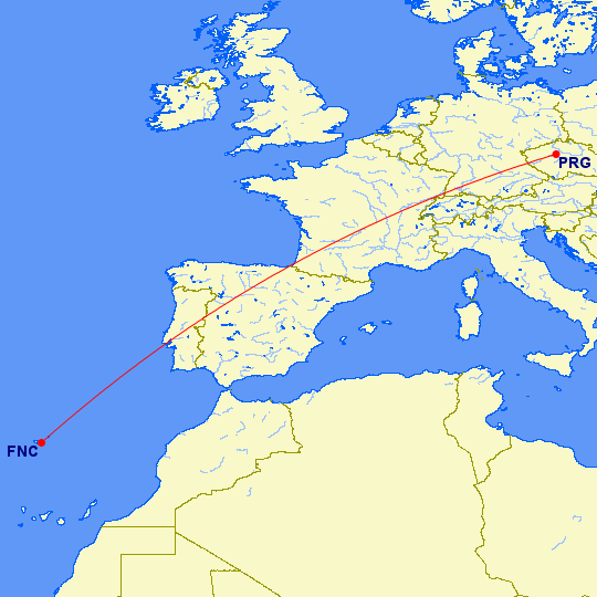 Trasa letu medzi Prahy a Funchalu