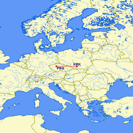 Trasa letu medzi Prahy a Krakova