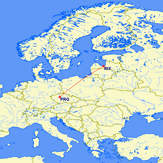 Trasa letu medzi Prahy a Rigy