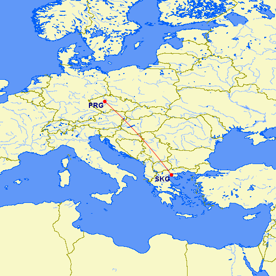 Trasa letu medzi Prahy a Soluňa