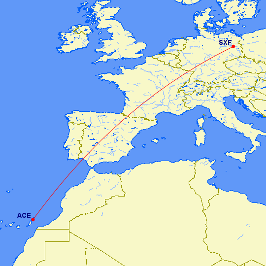 Trasa letu medzi Berlína a Las Palmas
