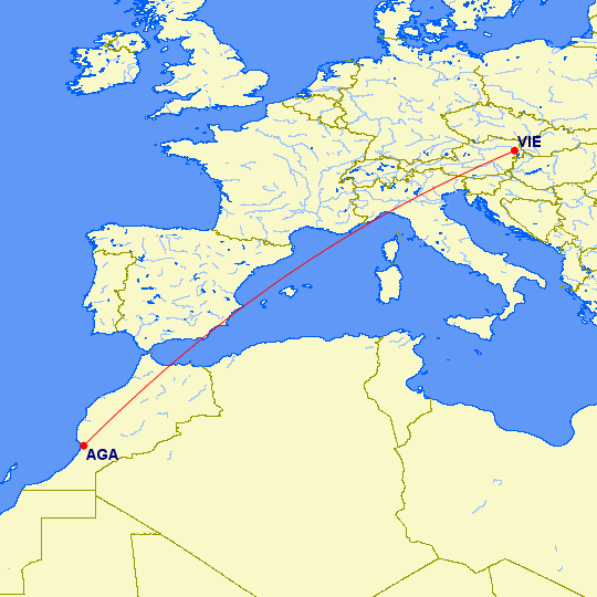 Trasa letu medzi Vídni a Agádírem
