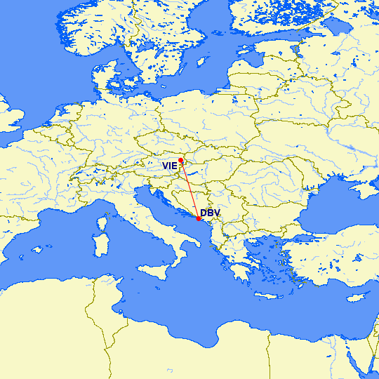 Trasa letu medzi Vídni a Dubrovníkem