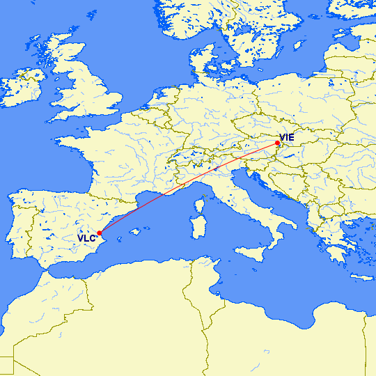 Trasa letu medzi Vídni a Valenciou