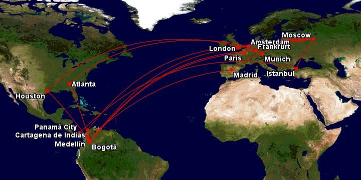 Mapa con los posibles vuelos de Colombia a Rusia.