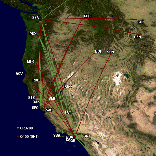 Horizon Air CRJ-700 and Q400 routes over 500 miles