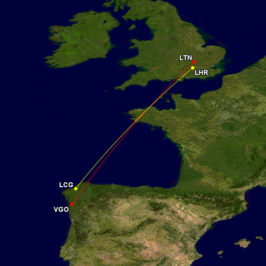 Map of LTN-VGO and LHR-LCG