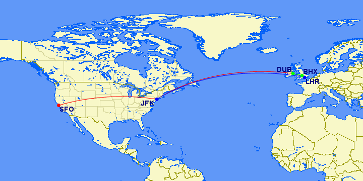 a map of the world with a route