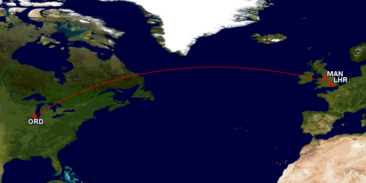 Great Circle Map - Manchester - London - Chicago and back 